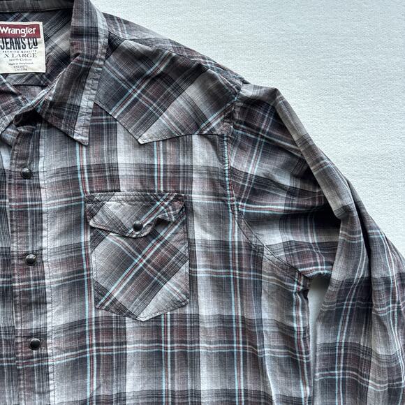 Wrangler Jeans Co Men X Large Plaid Western Shirt Pearl Snap Long Sleeve Gray - Picture 5 of 15